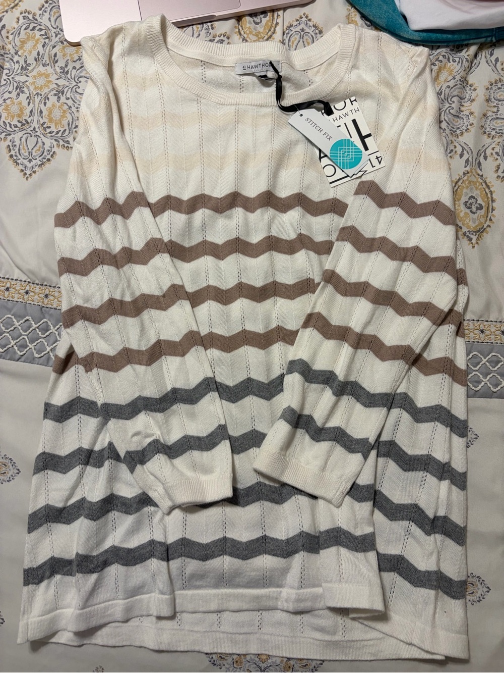 Stitch Fix Cream Striped Crewneck Sweater with Taupe & Gray Stripes